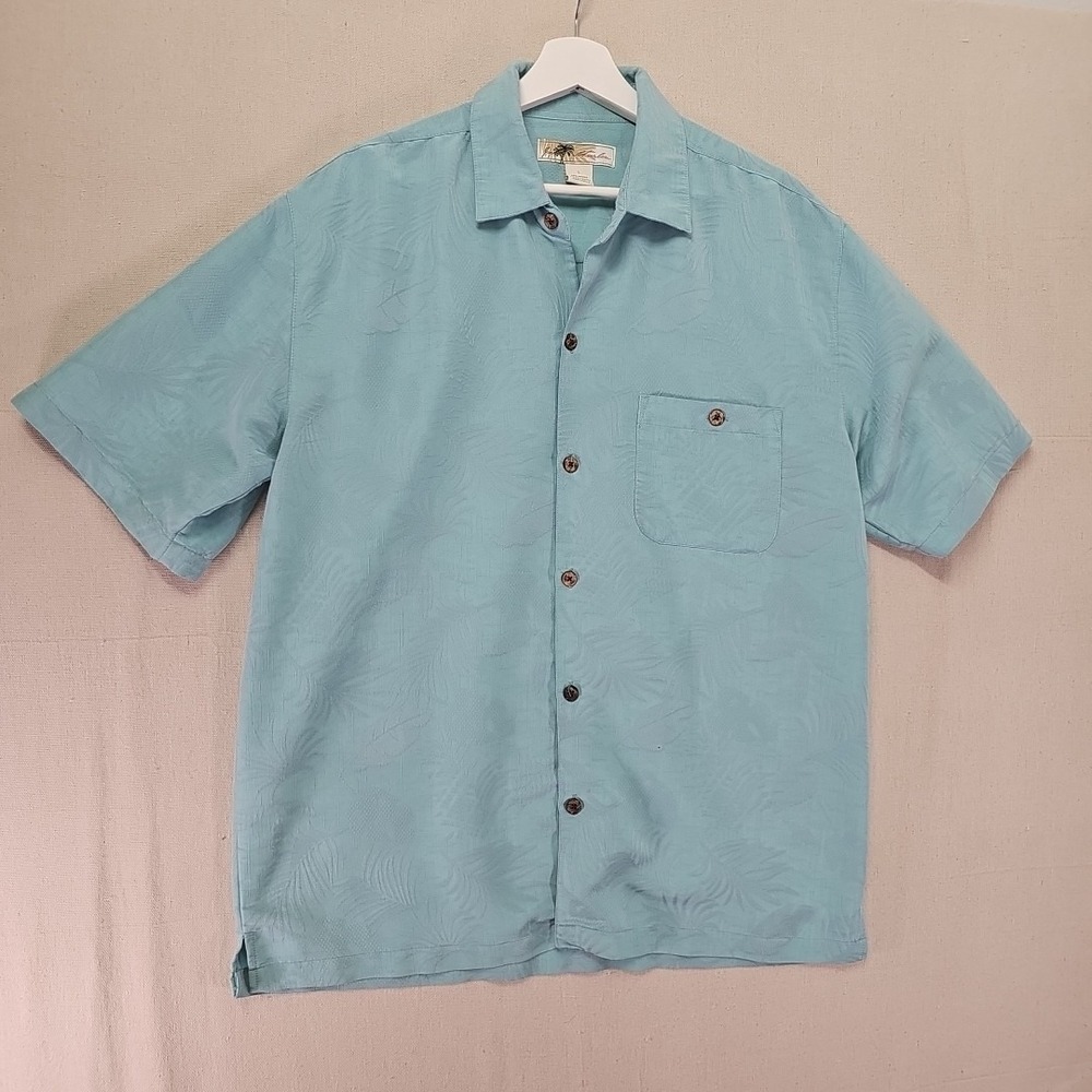 Joe Marlin Men's Large Hawaiian Camp Aloha Shirt Light‎ Blue Aqua Floral SPOTS